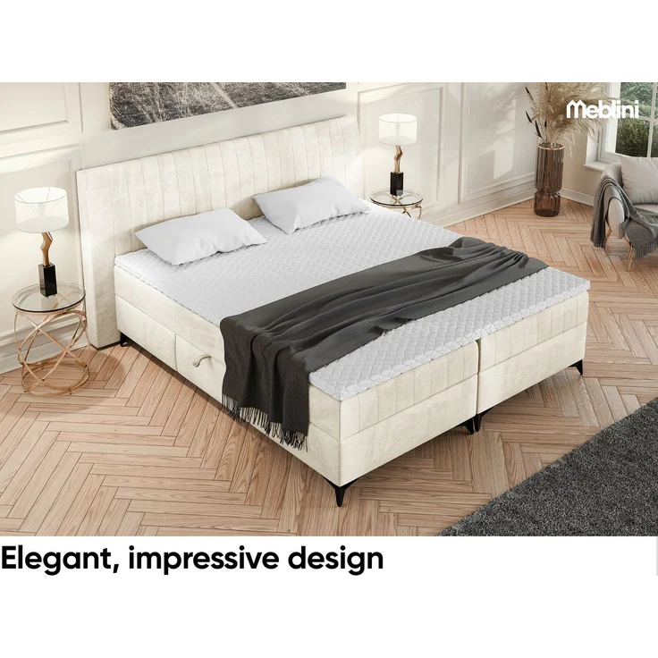 MEBLINI Boxspringbett NANI 180x200cm - H3P/Creme Samt - mit Bettkasten - Polsterbett - Doppelbett mit Topper & Taschenfederkern-Matratze – Bild 4