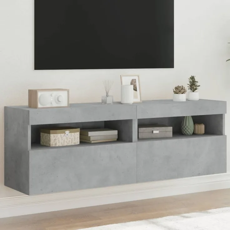 2 pcs TV-Wandschrank, TV Hängeboard mit LED-Leuchten. Betongrau 60x30x40 cm