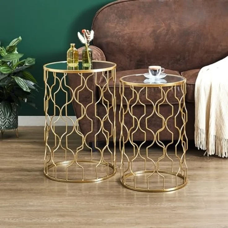 HOME DECO FACTORY, HD0444, Eleganter Satztisch aus Glas und Gold, zeitgenössisches Design, praktisch und modular, ideal für Wohnzimmer oder Leseecke, Maße 38 x 55 x 38 cm, Farbe Gold – Bild 2