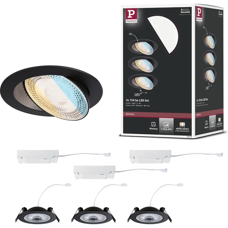 Paulmann 92258 LED Einbauleuchte White Select Aumus 3er-Set Schwarz 3 Step Dimmbar – Bild 1