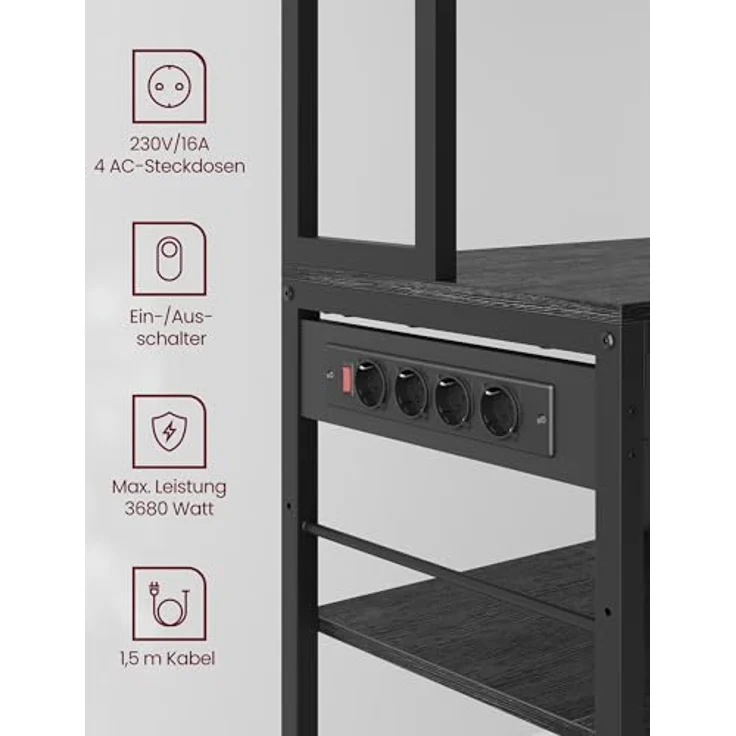 VASAGLE Küchenregal mit Steckdosen, Standregal, Mikrowellen-Regal, verstellbare Ablagen, Stoffschublade, 12 Haken, 40 x 100 x 180,4 cm, für Mikrowellen, Küche – Bild 6