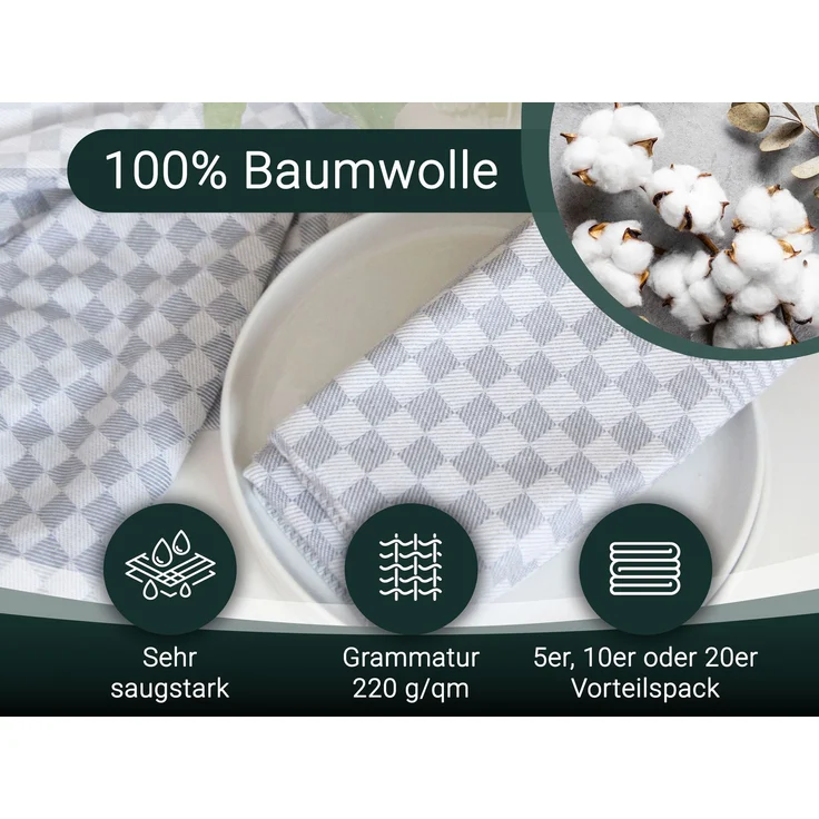 ZOLLNER 10er Set Geschirrtücher, 100% Baumwolle, 46x70 cm, saugstark, grau kariert – Bild 2