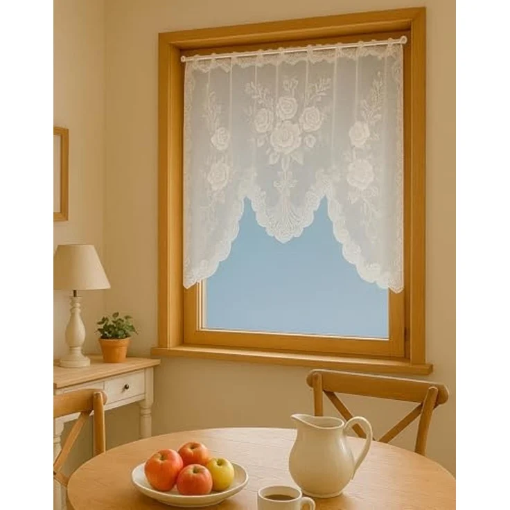 heimtexland Scheibengardine Jacquard Gardine M Bogen gerafft Fensterbild weiß (1 St), Stangendurchzug, halbtransparent, Jacquard, Blumen Bordüre I gebogt I durchscheinend – Bild 3