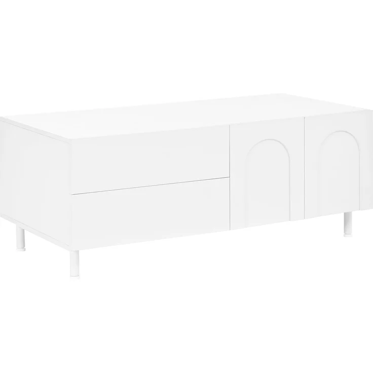 Wohnzimmer Set aus TV-Schrank + Couchtisch, Möbelset mit bogenförmigen Türen, Korpus aus Spanplatte+MDF, Möbel mit Stahlrohrfüßen, Stauraum Kombination für Wohnzimmer--Weiß--180x40x48cm--YOUDENOVA – Bild 9