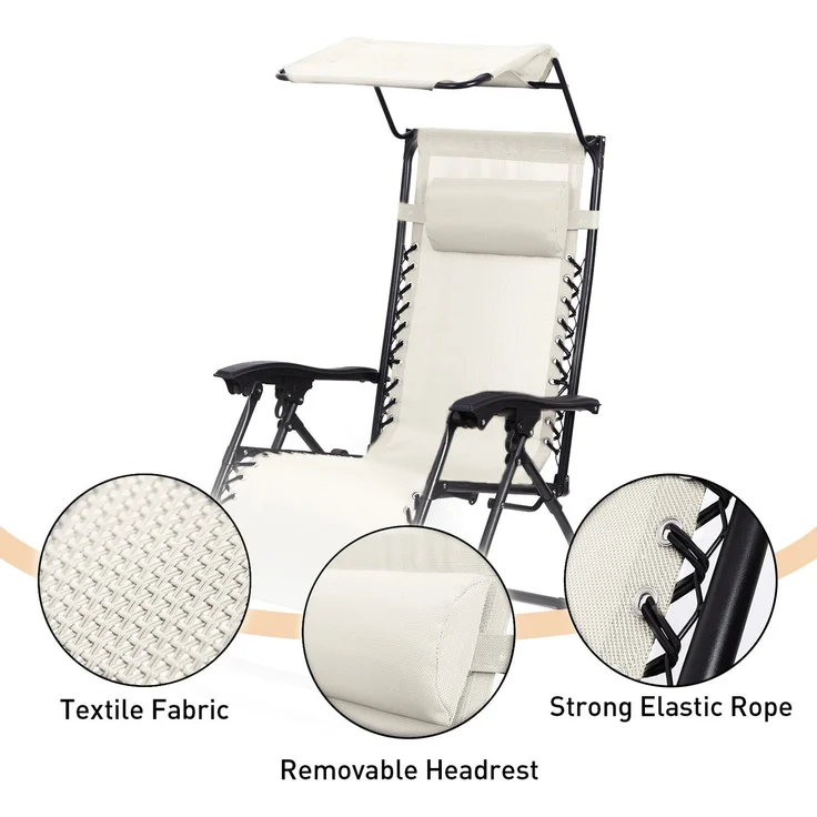 Todeco Liegestuhl klappbar mit Sonnenschutz, Sonnenstuhl mit abziehbare Kissen, Max Belastbarkeit 100kg, Strandliegestuhl leicht, Beige – Bild 4