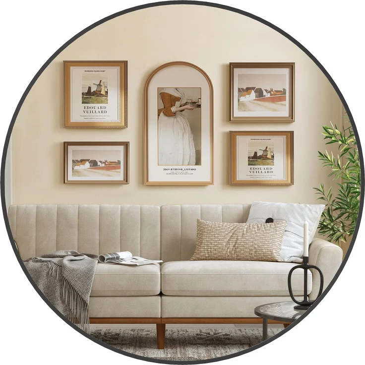 SONGMICS 91 cm d Spiegel rund, runder Spiegel, Wandspiegel, Metallrahmen, einfache Montage, modern, für Bad, Wohnzimmer, Schlafzimmer, Flur, Eingangsbereich, tintenschwarz LWM105B01