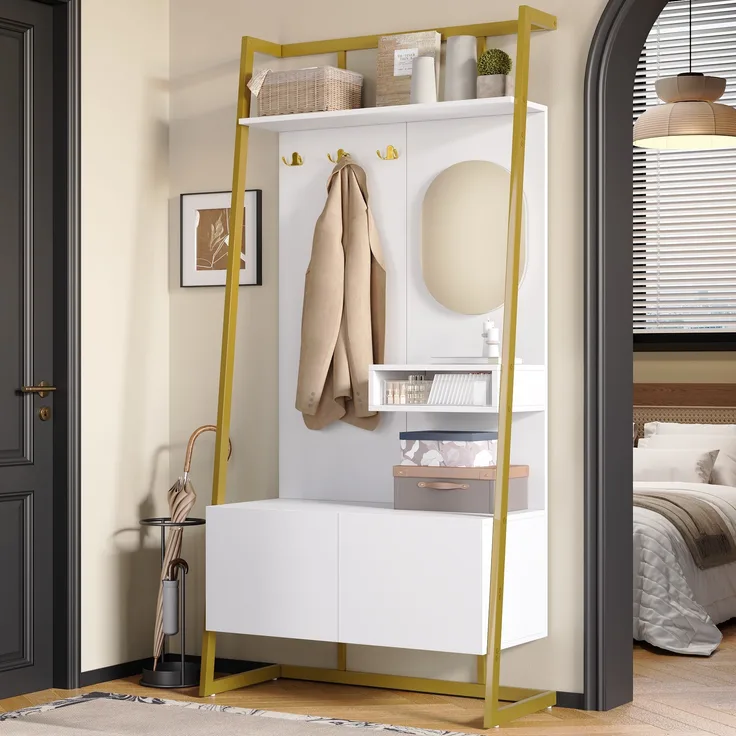 Kommode mit Spiegel und Schuhfach, 2-türig, offenes Ablageregal, Metalllhaken, Weiß MDF mit Metalllrahmen, Soft-Close, 78 x 38.5 x 180.5 cm