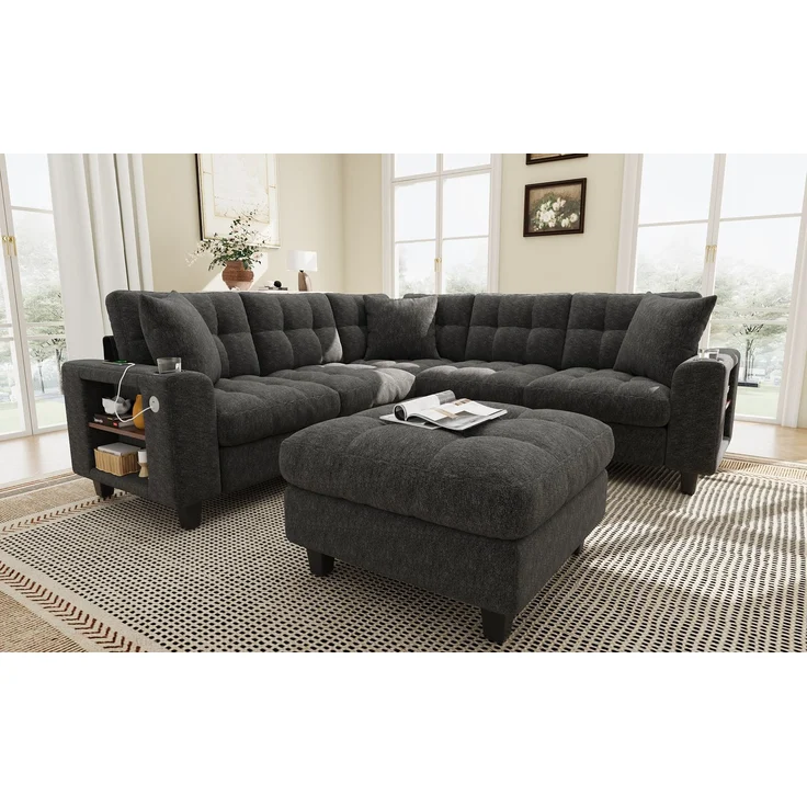 ZUBALIYA Modulare Wohnlandschaft, mit Stauraum, mit USB-C-Anschluss, modular kombinierbar, mit Getränkehaltern, mit Hocker, H 83 × T 216.5 × B 216.5 cm, Grau, Chenille – Bild 18
