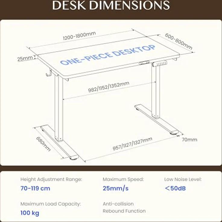 FLEXISPOT Höhenverstellbarer Schreibtisch mit 2 Motoren & 25MM einteiliger Tischplatte,ergonomischer Bürotisch - 120x80 cm Walnussbraun, schwarzes Gestell – Bild 3