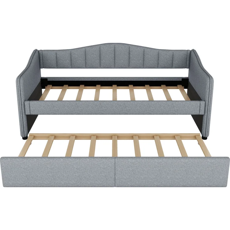 Daybett 90x200 cm mit ausziehbarem Rollbett, LED-Beleuchtung und Leinenbezug in Grau – Bild 9