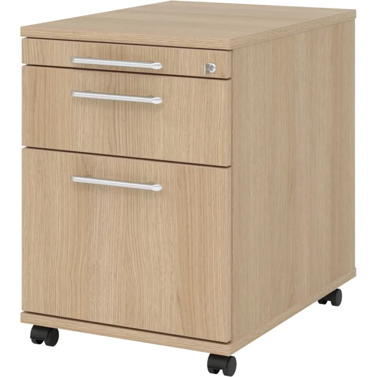 bümö Rollcontainer mit Hängeregistratur, Container abschließbar aus Holz in Eiche - Rollwagen für's Büro mit Hängeregister als Schreibtisch Unterschrank od. Bürocontainer m. Relinggriffe, AC20-E-E-RE