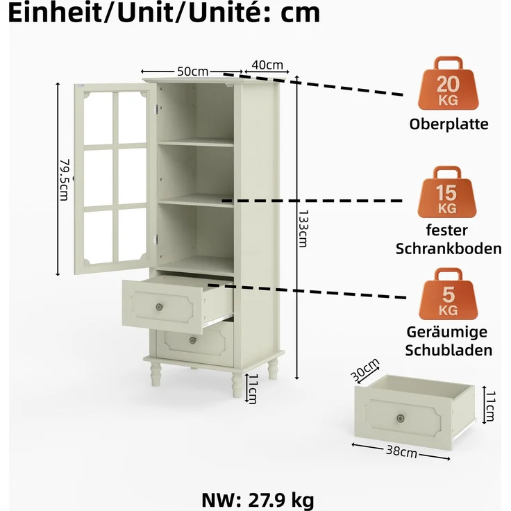 Vitrinenschrank 50x40x133 cm in Cremeweiß mit Glastür und 2 Schubladen – Bild 5