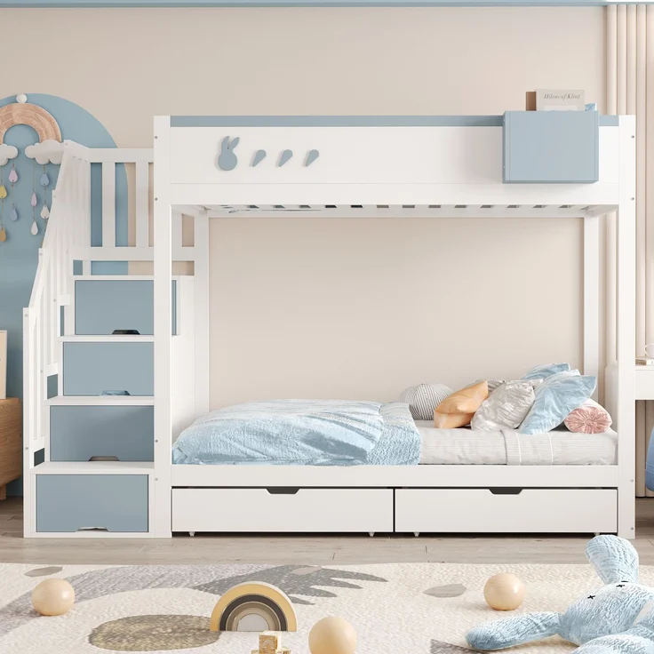 Kinder-Etagenbett 90x200 cm mit Kaninchen-Design, Stauraumleiter, Schubladen, Ablagefach, Massivholz,Weiß & blau – Bild 3