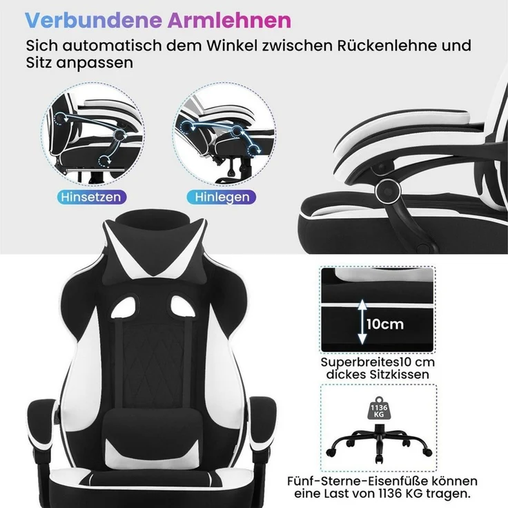 Woltu Gaming-Stuhl (1 St), mit Taschenfederkissen, Fußstütze, ergonomisch, drehbar – Bild 3