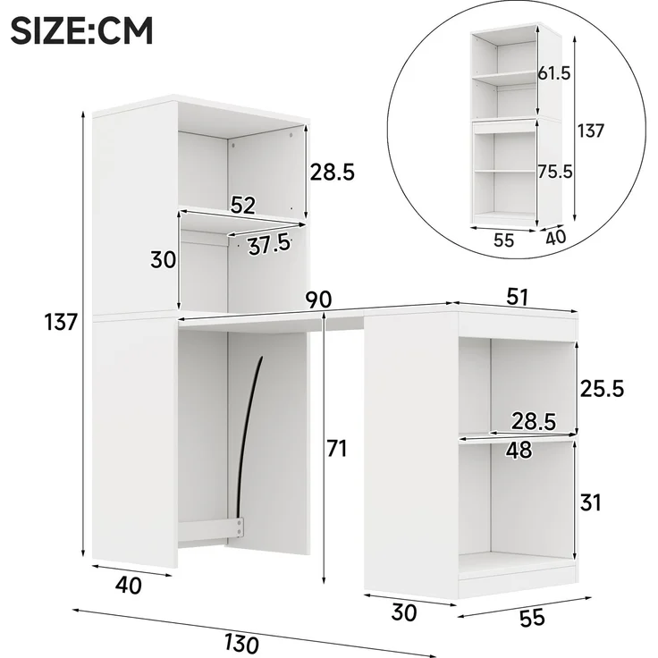 Schreibtisch 130x51x137 cm, klappbar mit Bücherregal und 4 offenen Fächern – Bild 5
