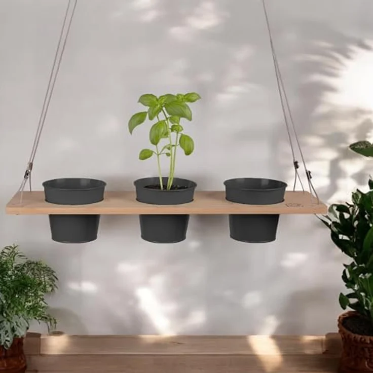 UNUS HOME Blumenkasten Kräuterbar, Pflanzenregal (60cm, grau), Stabile Drahtseilaufhängung, hängende Kräutertöpfe – Bild 4