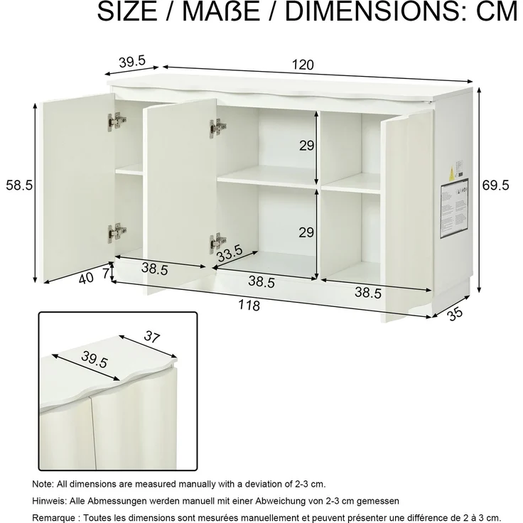 Flieks LED Sideboard, Wellenfront 3 Türen, verstellbaren Einlegeböden, 120 x 39.5 x 69.5 cm, Weiß – Bild 4