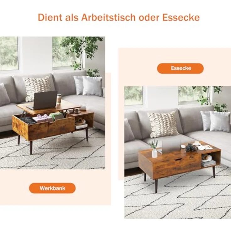 Sweetcrispy Couchtisch Höhenverstellbar, Tisch Wohnzimmertisch, offener und versteckter Stauraum Couchtisch, Sofatisch Beistelltisch, 100x50 cm Sofatisch aus Holz für Wohnzimmer, Braun – Bild 8