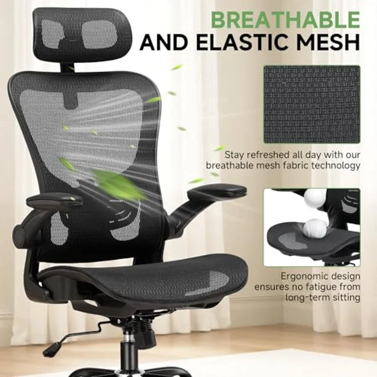 GTPLAYER Bürostuhl Ergonomisch, Schreibtischstuhl mit Verstellbarer Kopfstütze, Armlehnen, Lendenwirbelstütze, Büro Stuhl & Gaming Stuhl Wippfunktion, Chefsessel aus Mesh, 150kg(Tiefschwarz) – Bild 4