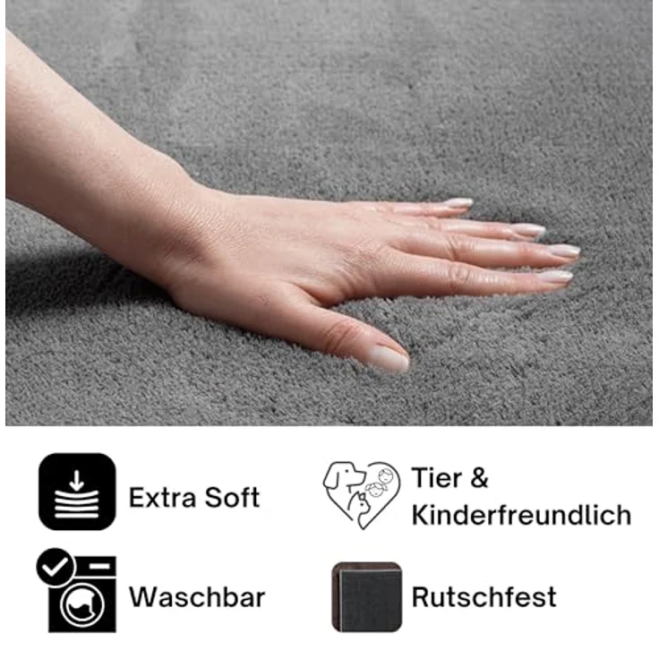 the carpet Relax Moderner Flauschiger Kurzflor Teppich, Anti-Rutsch Unterseite, Waschbar bis 30 Grad, Super Soft, Felloptik, Anthrazit, 200x200 cm Rund – Bild 8