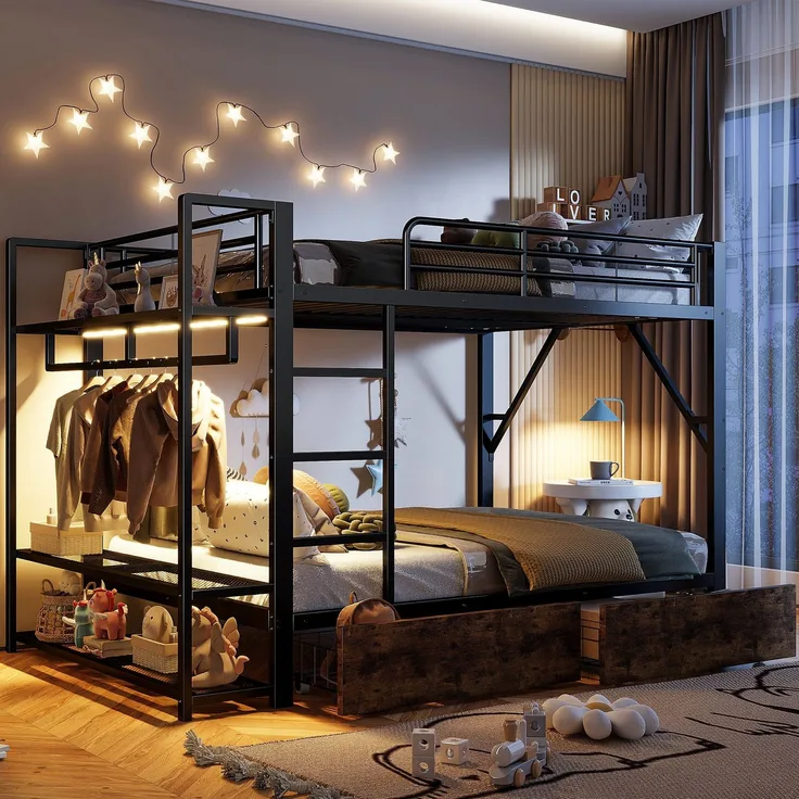 Etagenbett mit Schubladen, RGB LED-Streifen, Kleiderstange, Regal, Lattenrost und Leiter, 140x200 cm, Kinderbett mit Rausfallschutz, Metallbett