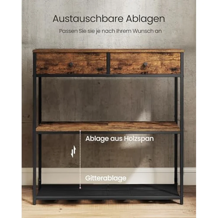 VASAGLE Konsolentisch schmal, Beistelltisch mit 2 Stoffschubladen, Flurtisch, 24 x 76 x 80 cm, für Flur, Wohnzimmer, vintagebraun-tintenschwarz – Bild 6