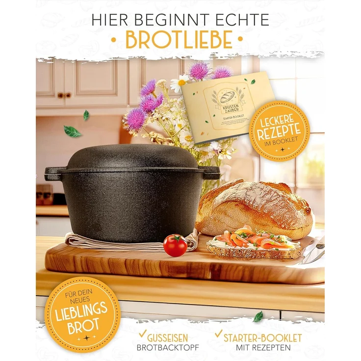 Krustenzauber Kasserolle Gusseisen Topf als Kochtopf, Schmortopf oder Brotbackform – Bild 3