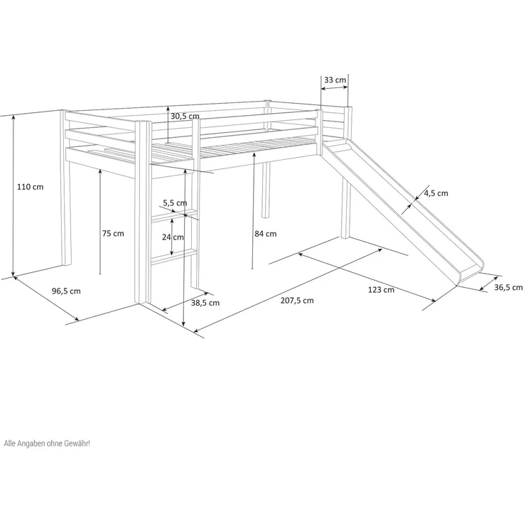 Hochbett mit Lattenrost 90x200 Rutsche Stockbett Weiß Kinderbett Holz Kiefer Vorhang Tunnel Sterne grau – Bild 3