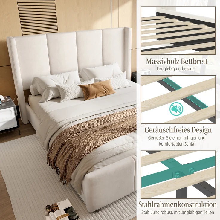 LVHOM Polsterbett hohem Kopfteil & Fußteil 140x200 cm Bettgestell, integriertem USB/Type-C-Anschluss und hochwertigem Samtstoff, Doppelbett – Bild 7