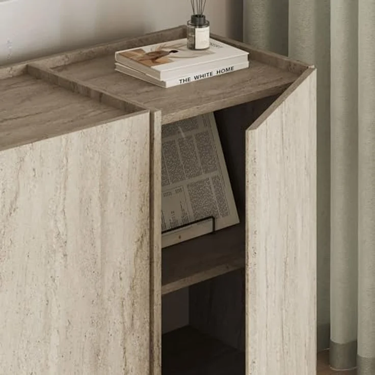 Modern Console Table, Travertine Color, 180 x 80 x 45 cm | 100% Melamine Coated Particle Board, 18 mm Thick | Features Soft-Close Hinges & Numerous Shelves | Stylish Addition to Any Home Décor – Bild 6