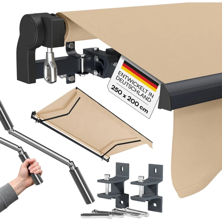STEELSØN 'Kestria' Gelenkarmmarkise 250x200 cm, beige, wetterfest und blickdicht, Markise mit Aluminium-Kassette und Wandhalterung, Balkonmarkise mit Handkurbel – Bild 1