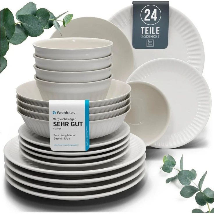 Steingut Geschirrset 6 Personen Hygge 24 tlg. TESTSIEGER, Traumhaftes Skandinavisches Steingut Geschirr Set, Schüssel- und Teller Set, Tafelservice 6 Personen, Geschirrsets Pure Living in Hellgrau – Bild 1