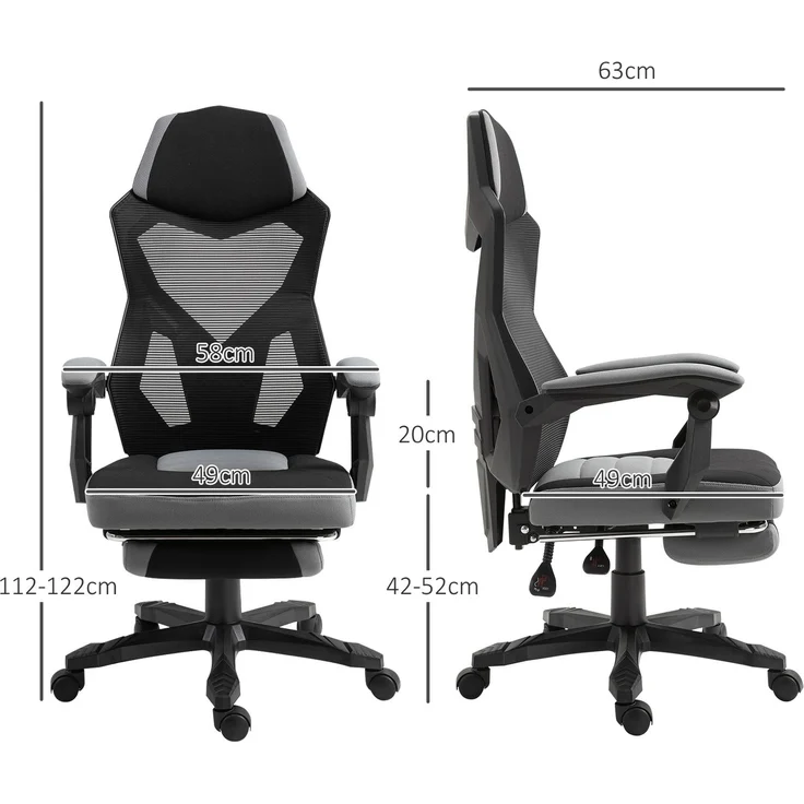 MELAYR, Bürostuhl, Gaming-Stuhl, höhenverstellbar, Rückenlehne, drehbare Rollen, Fußstütze, 76 x 28 x 59 cm, Grau – Bild 5