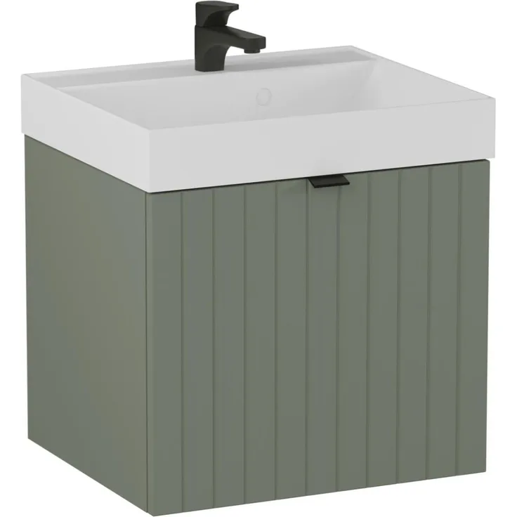 BADEDU ESLA Waschbecken mit Unterschrank 50 cm breit, Grün, Waschbecken Gussmarmor Weiß