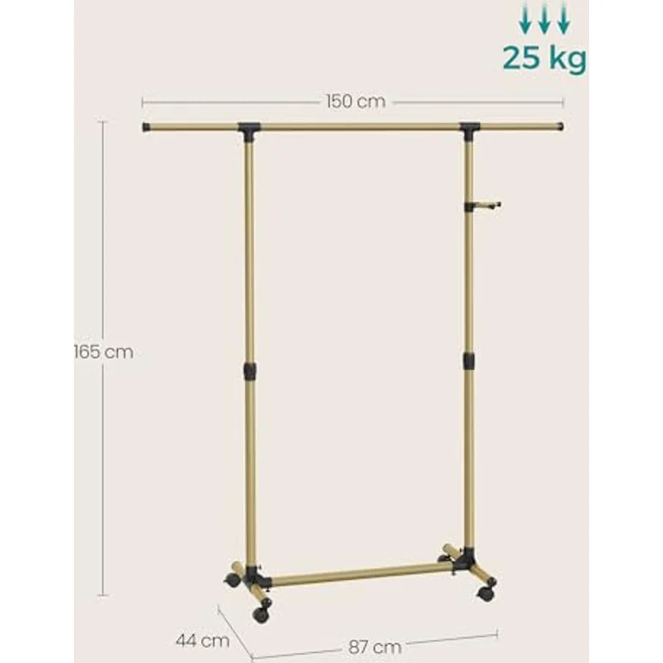 SONGMICS Kleiderständer auf Rollen, Kleiderstange, höhenverstellbar zwischen 97 und 165 cm, ausziehbare Garderobenstange, Garderobenständer, seitliche Haken für Accessoires, blassgold LLR001A01 – Bild 5
