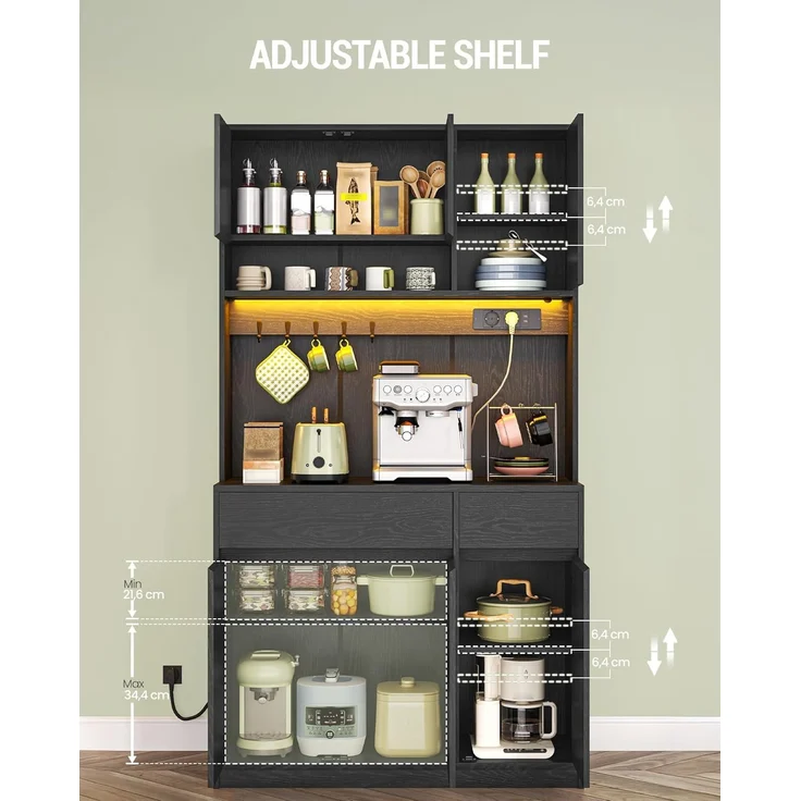 Küchenschrank, mit Steckdosen und Led-Lichtleisten, mit Arbeitsplatten und 2 Schubladen, Verstellbare Einlegeböden, Holz Schwarz, 40 x 100 x 180 cm – Bild 8