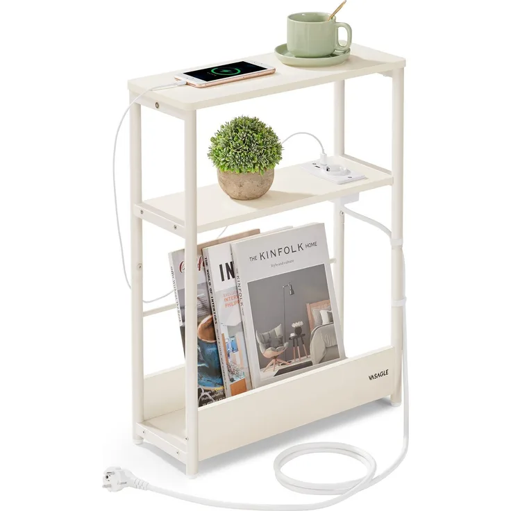 Vasagle Nachttisch mit Ladefunktion und 3 Ablagen, Stahl / Holzplatte cremeweiß, 18 x 45 x 58 cm