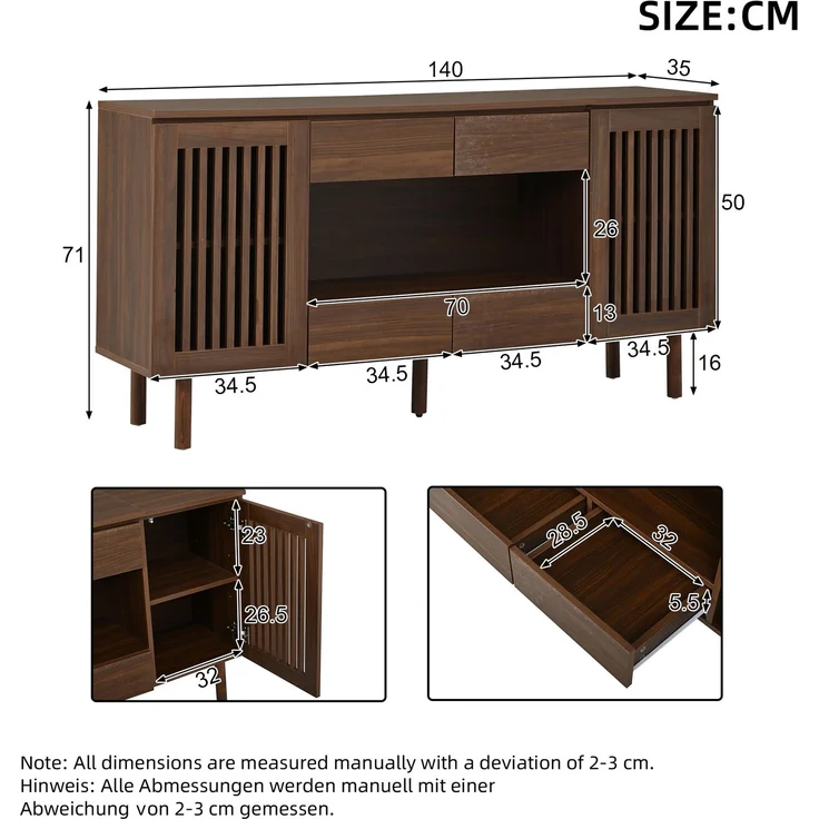 ZUBALIYA Sideboard 140x35x71 cm, mit 4 Schubladen, aus MDF, Walnuss – Bild 4
