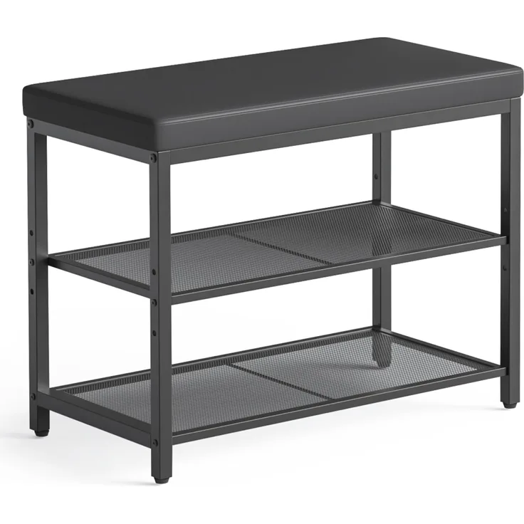 Mondeer Schuhbank mit Gepolsterter Sitzfläche, Schuhregal mit 2 Gitterablagen Höhenverstellbar Platzsparend Industriestil, für Eingang Flur Schlafzimmer, 60 x 30 x 50 cm, Schwarz