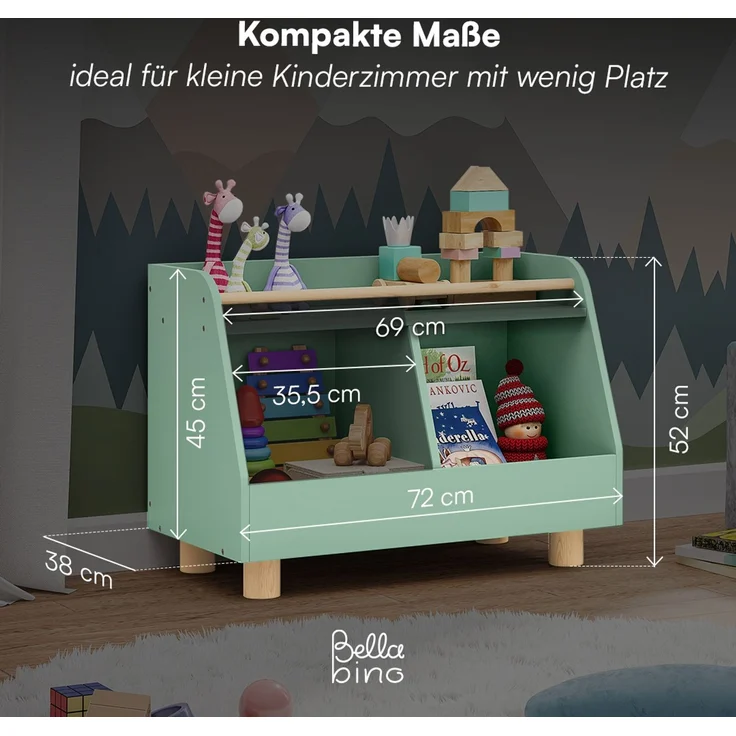 Bellabino 'Belly' Kinderregal, grün, Spielzeugregal mit 2 Fächern, Holz, 72x52x38 cm (BxHxT) – Bild 6