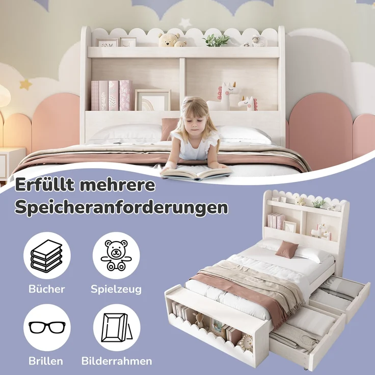 Kinderbett Massivholz/MDF mit 2 Schubladen & Regal, 240x98x100 cm, Weiß/Eichefarben, ohne Matratze – Bild 5