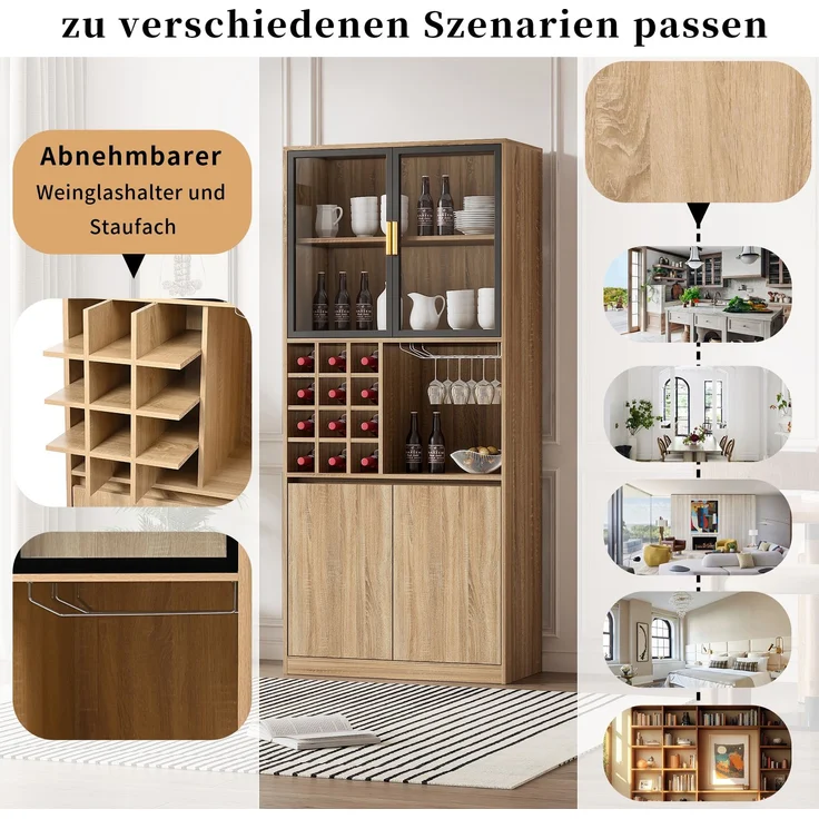 Badezimmerschrank,Spirituosenschrank,Vitrine Vitrinenschrank mit Glastüren und Beleuchtung 180 CM--Natürlich2--80x40x180cm--YOUDENOVA – Bild 9