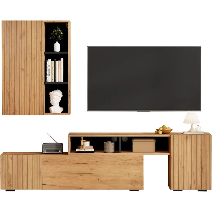 TV Wohnwand-set mit Vitrine (Komplett-Set, 2-St),Mediawand inkl. TV-Board -set und Standregal,TV Wohnzimmermöbel-Set,flexible Länge TV-Schrank bis 265 cm,stehend&hängend,TV bis 120',Holzfarbe+Schwarz--Eiche--100.69x62.23x15.75cm--YOUDENOVA – Bild 10