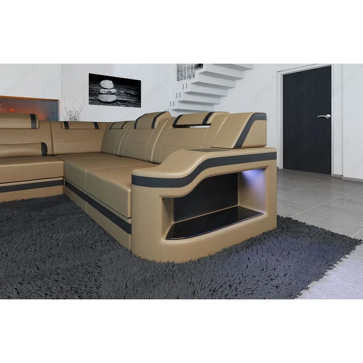 Mini XL Leder Wohnlandschaft Palermo mit LED - Kunstleder - Sandbeige-Schwarz - Links – Bild 5