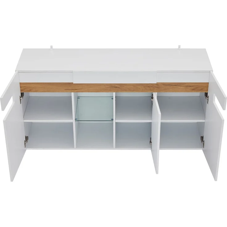 ZUBALIYA Sideboard 140x40x70 cm, mit LED-Beleuchtung, mit App-Steuerung, Hochglanz, aus Spanplatte, Weiß / Natur – Bild 11