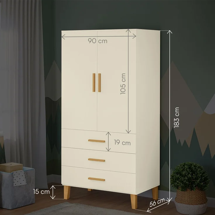 Bellabino 'Liri' Kinderkleiderschrank, beige, Kleiderschrank für Kinderzimmer mit 3 Schubladen und Kleiderstange – Bild 6