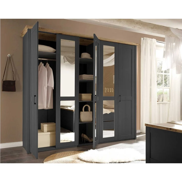 Kleiderschrank Latina / Locarno, Holzwerkstoff, Schwarz, Holzfarben, Verspiegelt, 241 x 212 x 62 cm – Bild 4