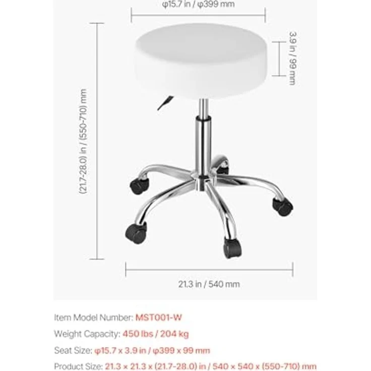 VEVOR runder Sattelhocker Rollhocker 204 kg belastbarer höhenverstellbarer (55-71 cm) Drehhocker Arbeitshocker PU-Leder-Drehsattelstuhl geeignet für Salon Spa Massage Klinik weiß – Bild 3