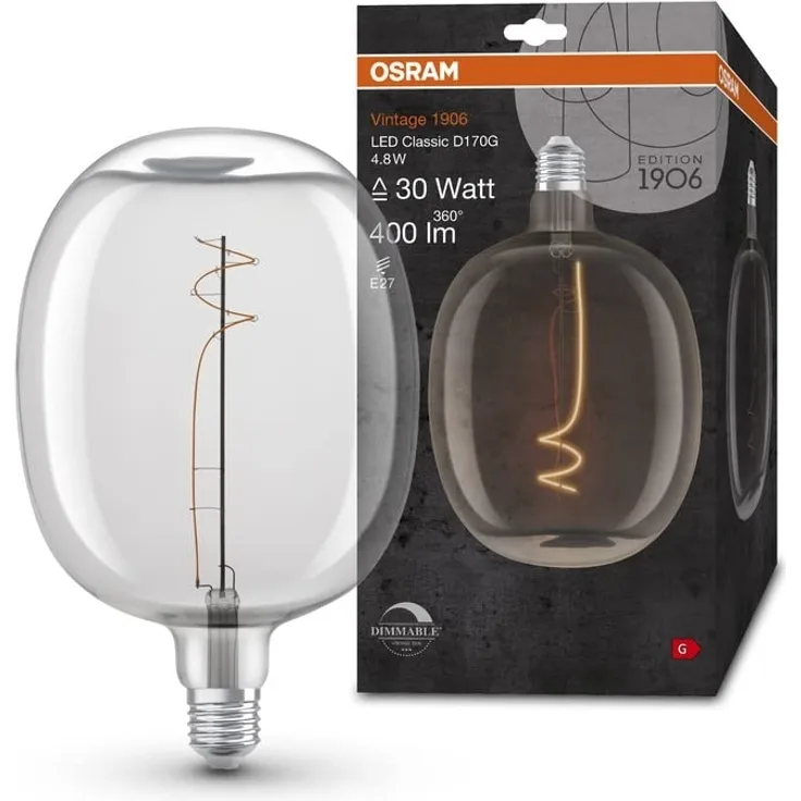 Osram Lamps Vintage 1906 -Lampe klarem Glaskörper,4,8W,400lm,Ballon-Form 170mm Durchmesser&E27-Sockel,warmweiße Lichtfarbe in 2700K,s Filament,bis zu 15.000 Stunden Lebensdauer,4058075761919