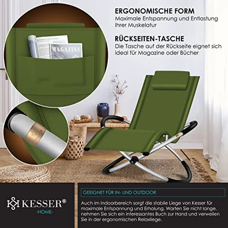 KESSER® Relaxliege Liegestuhl | Gartenliege Sonnenliege | Gartenstuhl | Klappstuhl faltbar | Schwungliege | Schaukelsessel | ergonomische Relaxsessel | wetterfest | 180 kg Belastung, Khaki – Bild 7